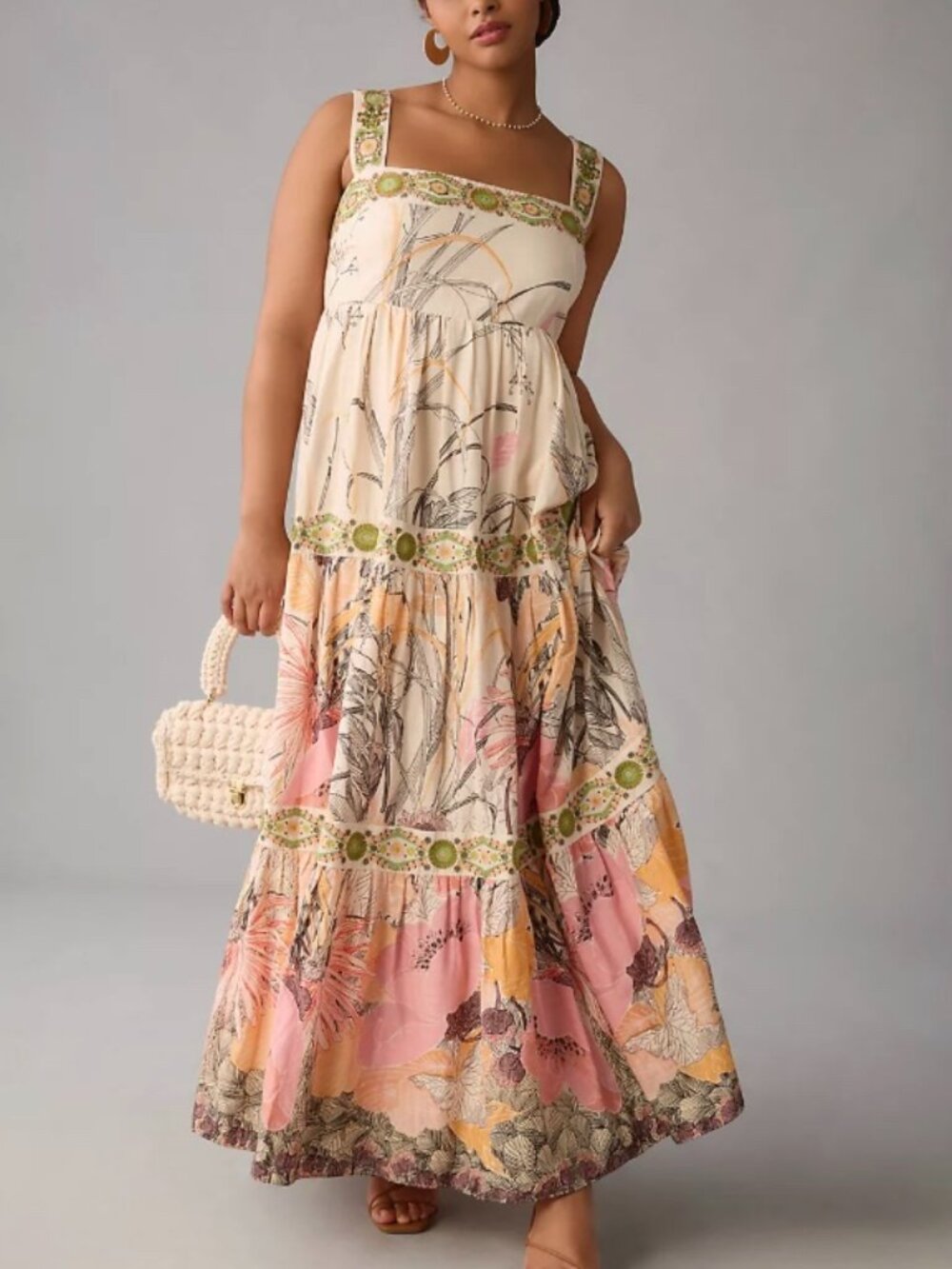 Floral Tiered Maxi Dress in Cream and Pink